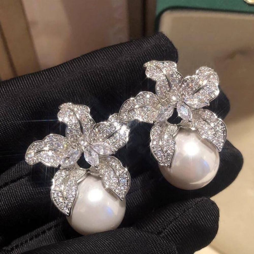 Silver Floral Crystal Pearl Drop Stud Earrings Elegant Wedding Statement Jewelry